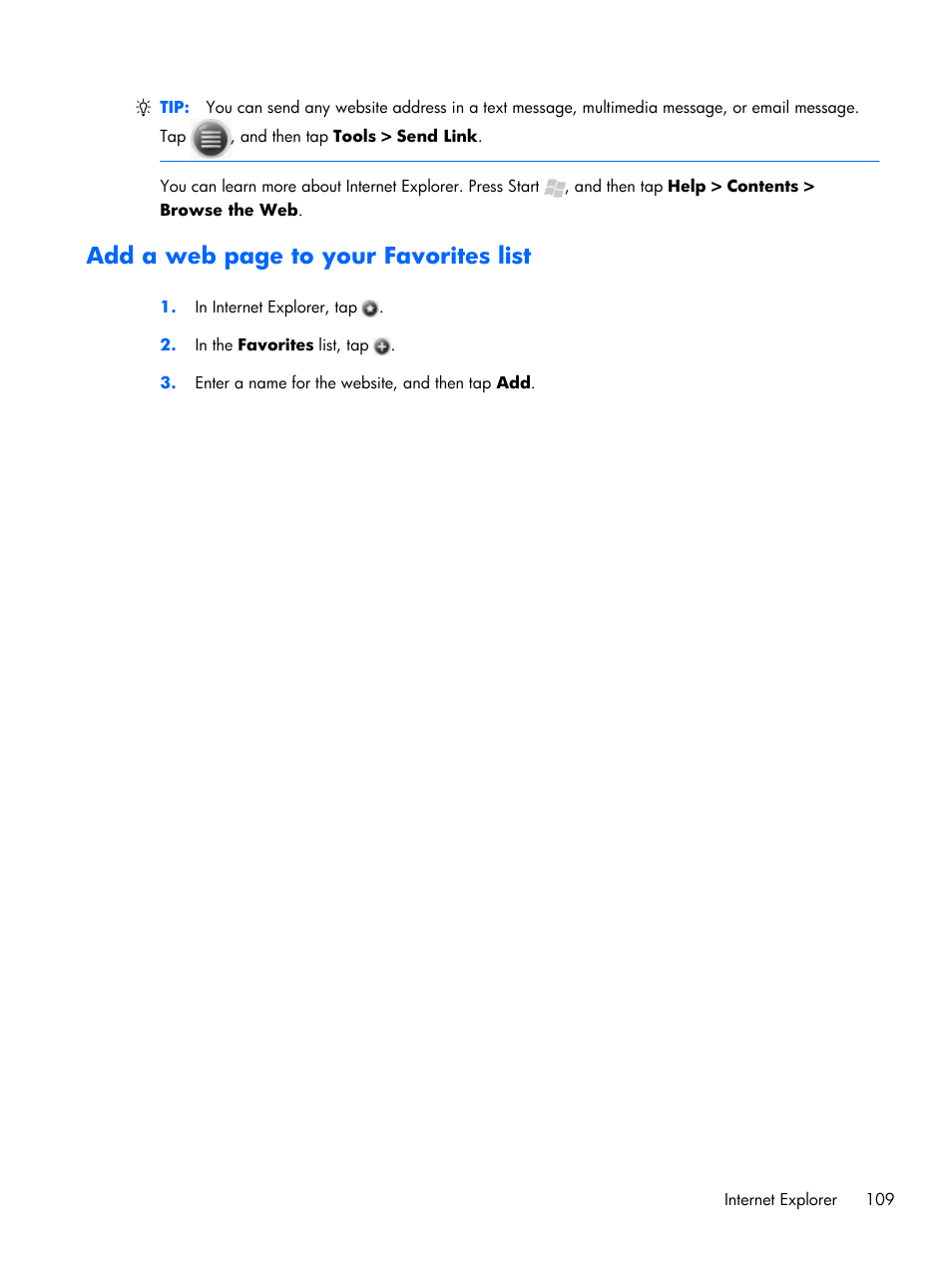 Add a web page to your favorites list | HP iPAQ Glisten User Manual | Page 121 / 185