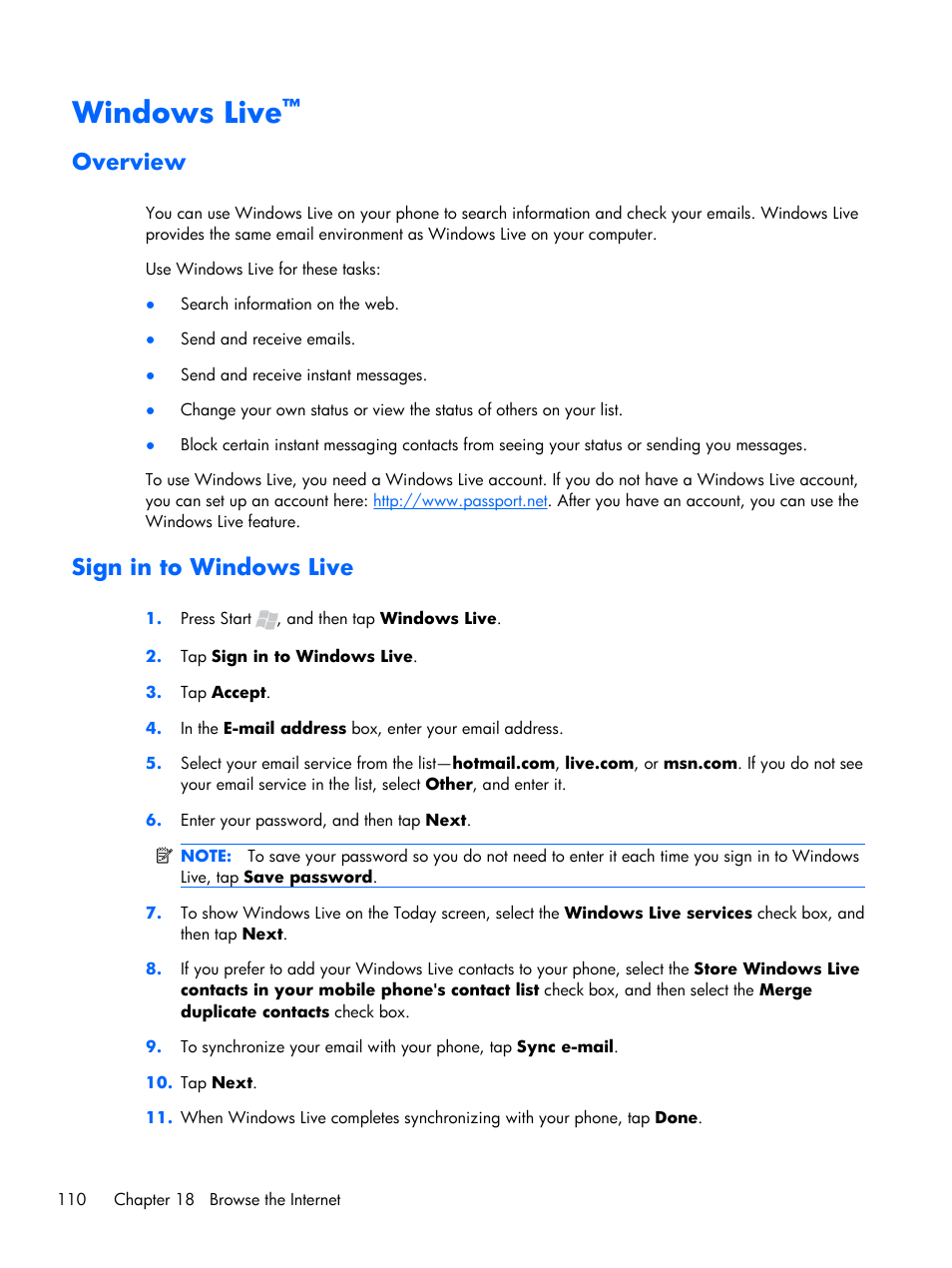 Windows live, Overview, Sign in to windows live | Overview sign in to windows live | HP iPAQ Glisten User Manual | Page 122 / 185