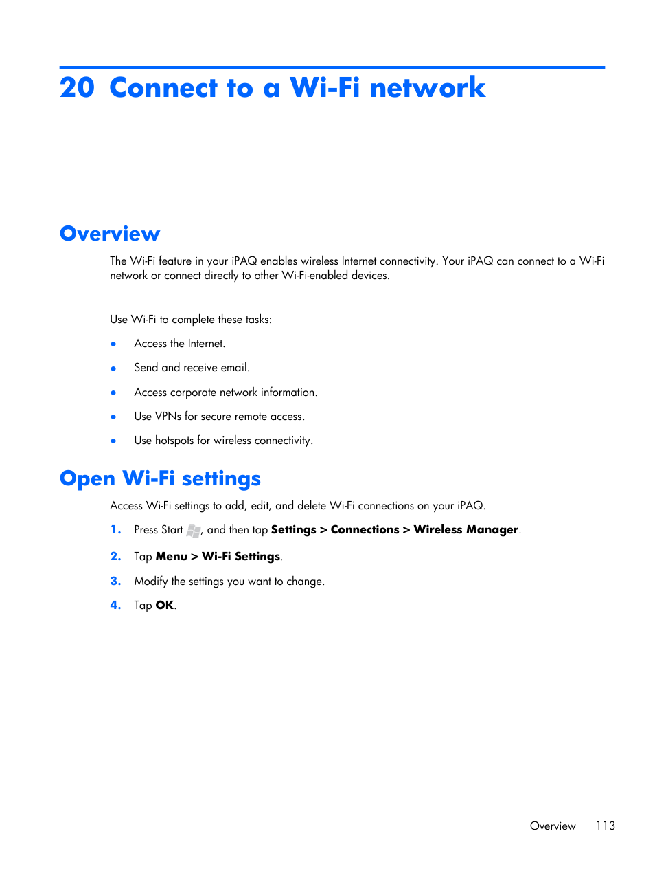 Connect to a wi-fi network, Overview, Open wi‑fi settings | 20 connect to a wi-fi network, Overview open wi-fi settings, Open wi-fi settings | HP iPAQ Glisten User Manual | Page 125 / 185