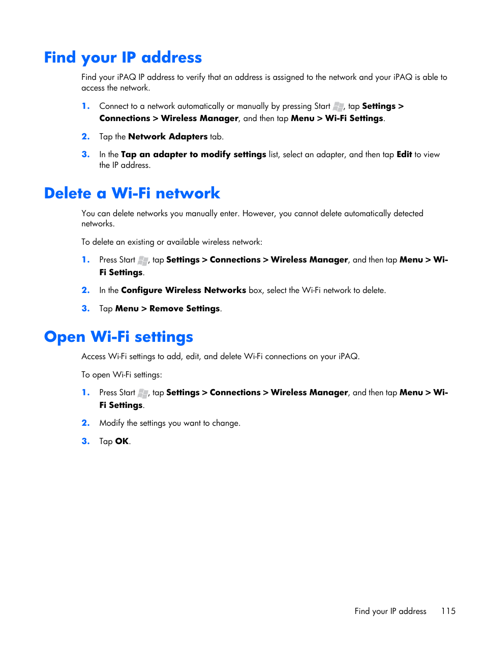 Find your ip address, Delete a wi‑fi network, Open wi‑fi settings | Delete a wi-fi network, Open wi-fi settings | HP iPAQ Glisten User Manual | Page 127 / 185