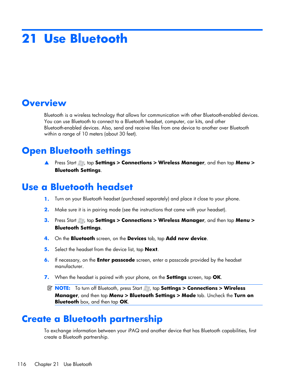 Use bluetooth, Overview, Open bluetooth settings | Use a bluetooth headset, Create a bluetooth partnership, 21 use bluetooth | HP iPAQ Glisten User Manual | Page 128 / 185