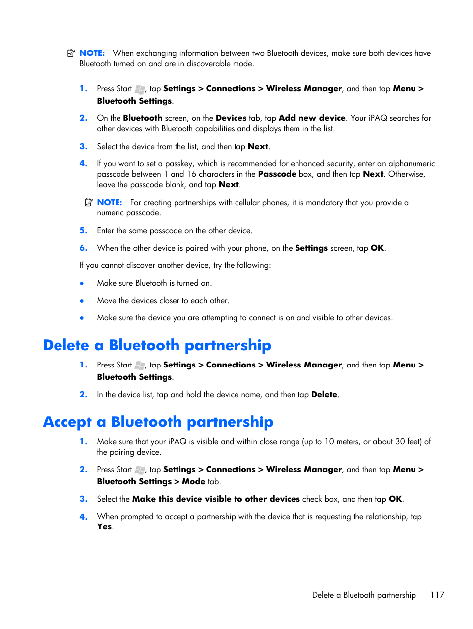 Delete a bluetooth partnership, Accept a bluetooth partnership | HP iPAQ Glisten User Manual | Page 129 / 185