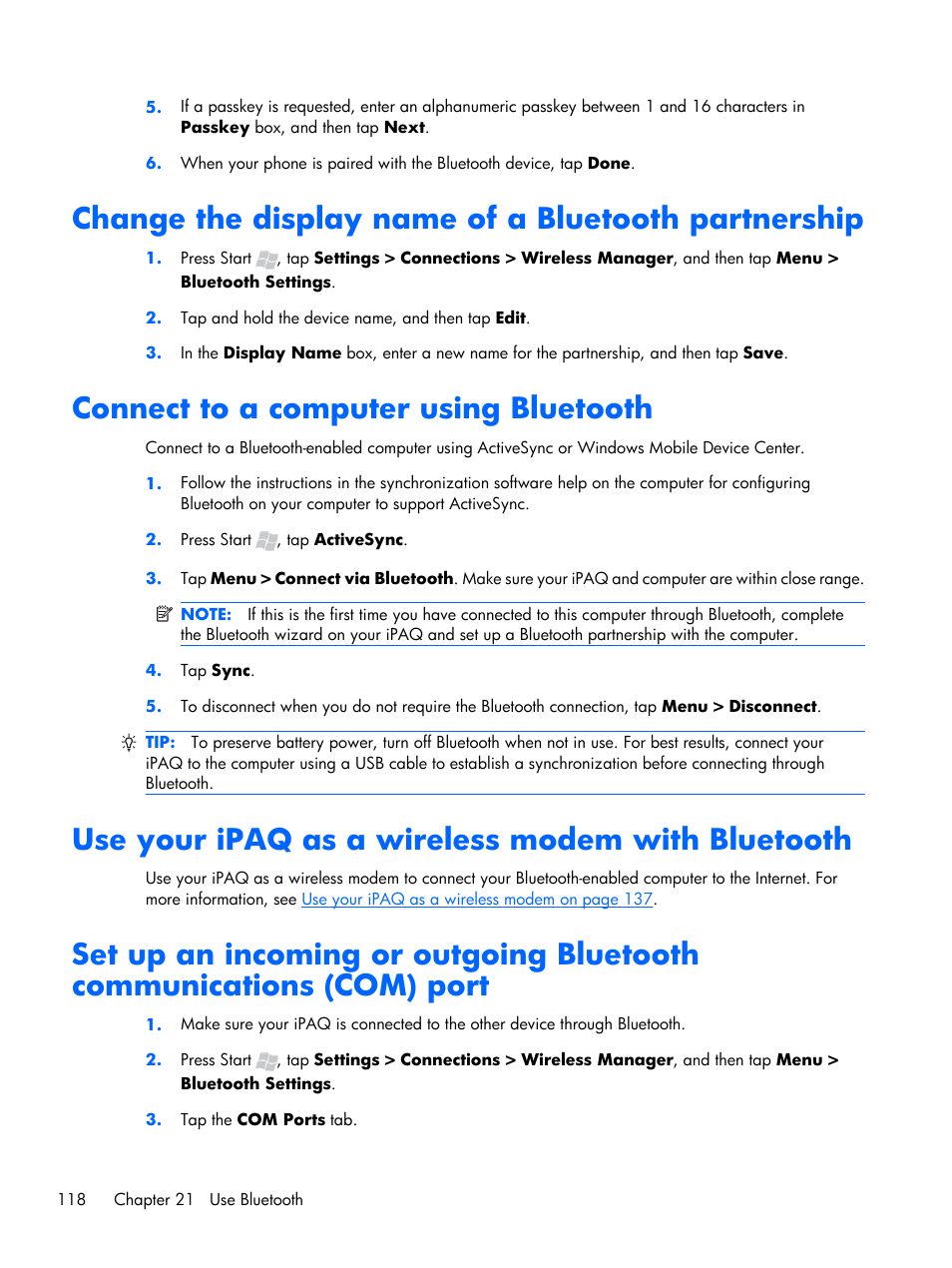 Change the display name of a bluetooth partnership, Connect to a computer using bluetooth, Use your ipaq as a wireless modem with bluetooth | HP iPAQ Glisten User Manual | Page 130 / 185