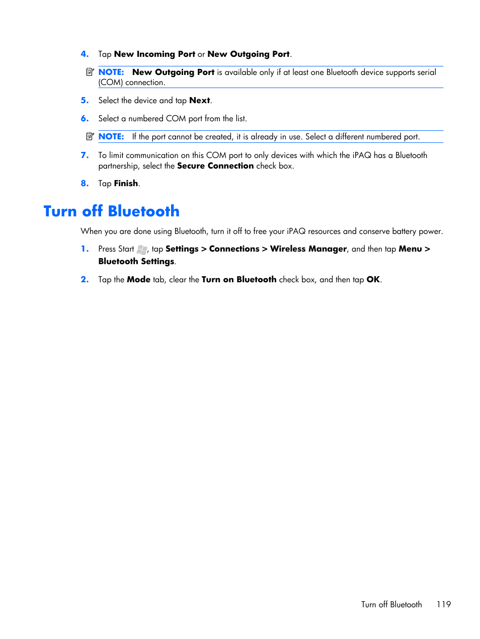 Turn off bluetooth | HP iPAQ Glisten User Manual | Page 131 / 185