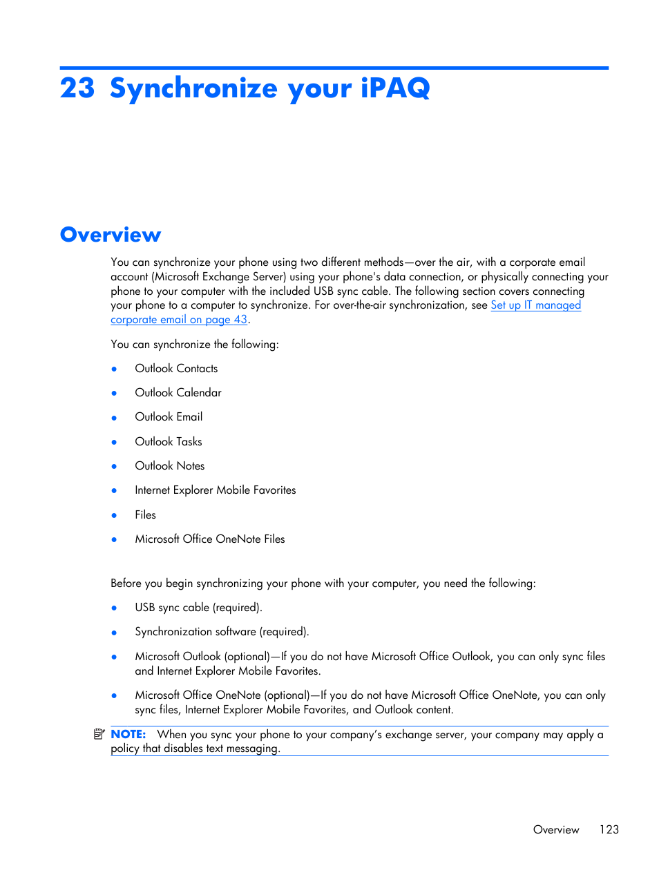 Synchronize your ipaq, Overview, 23 synchronize your ipaq | HP iPAQ Glisten User Manual | Page 135 / 185