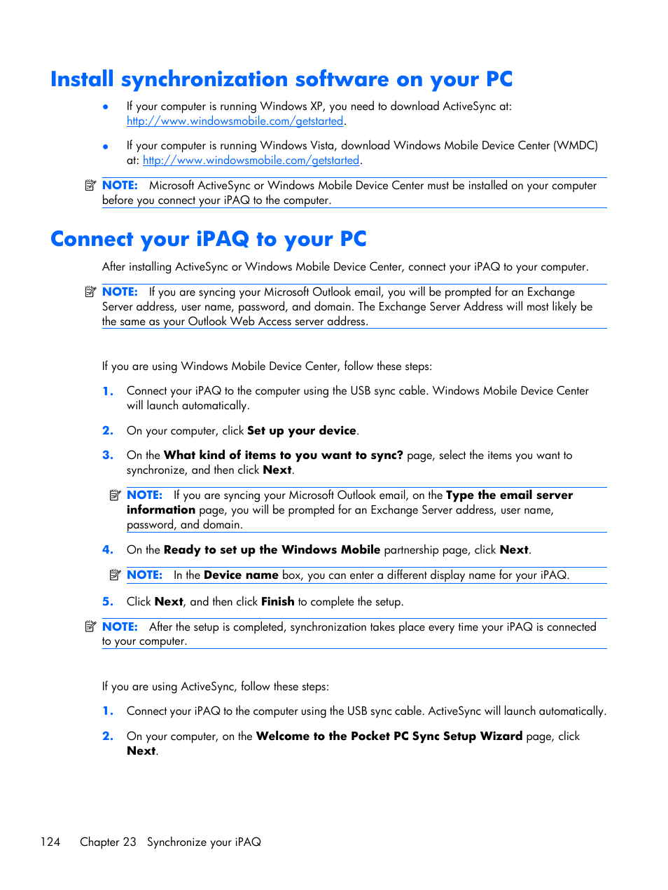 Install synchronization software on your pc, Connect your ipaq to your pc | HP iPAQ Glisten User Manual | Page 136 / 185