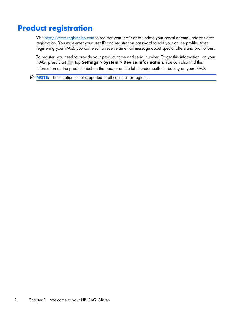 Product registration | HP iPAQ Glisten User Manual | Page 14 / 185