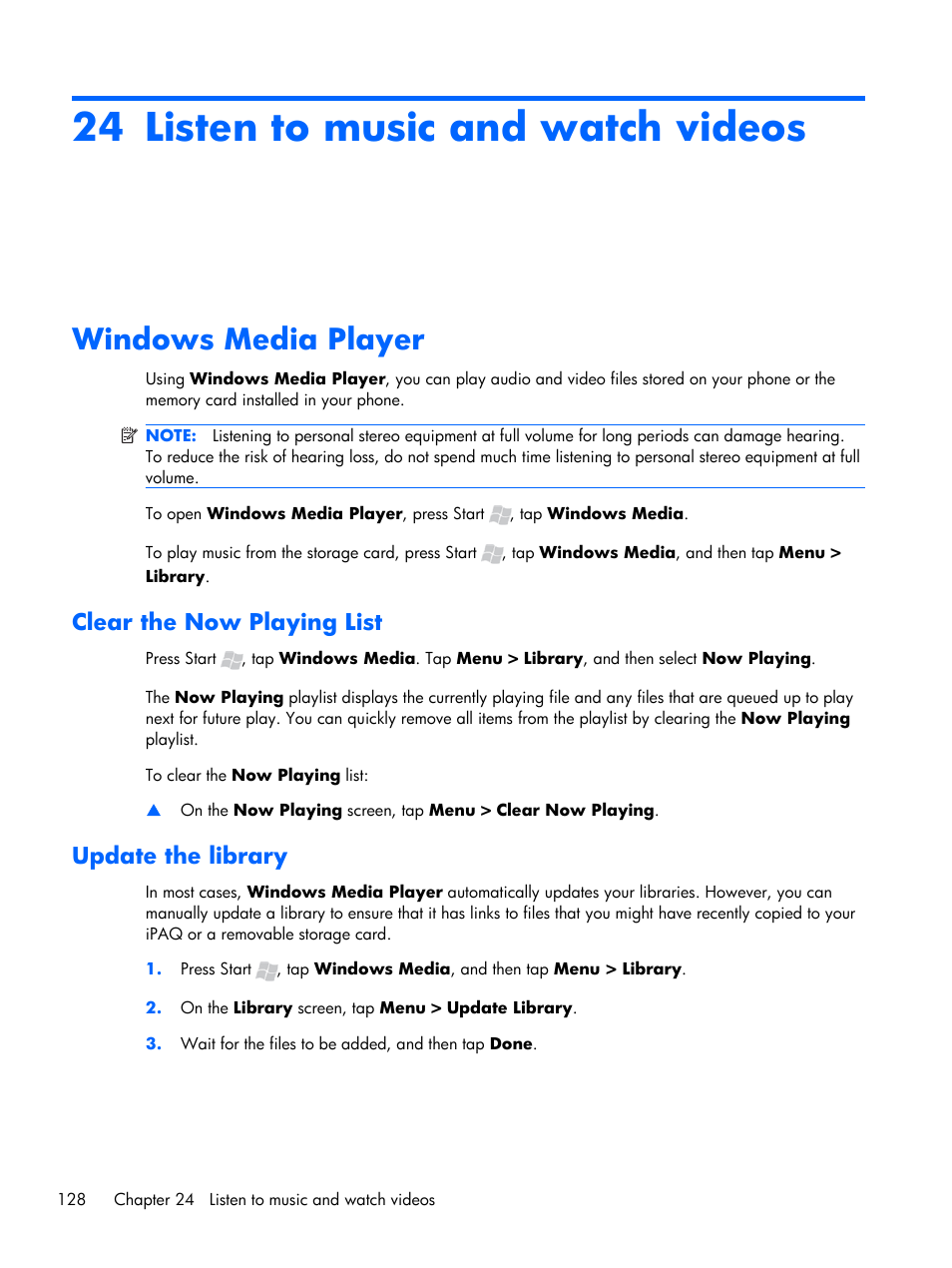 Listen to music and watch videos, Windows media player, Clear the now playing list | Update the library, 24 listen to music and watch videos, Clear the now playing list update the library | HP iPAQ Glisten User Manual | Page 140 / 185