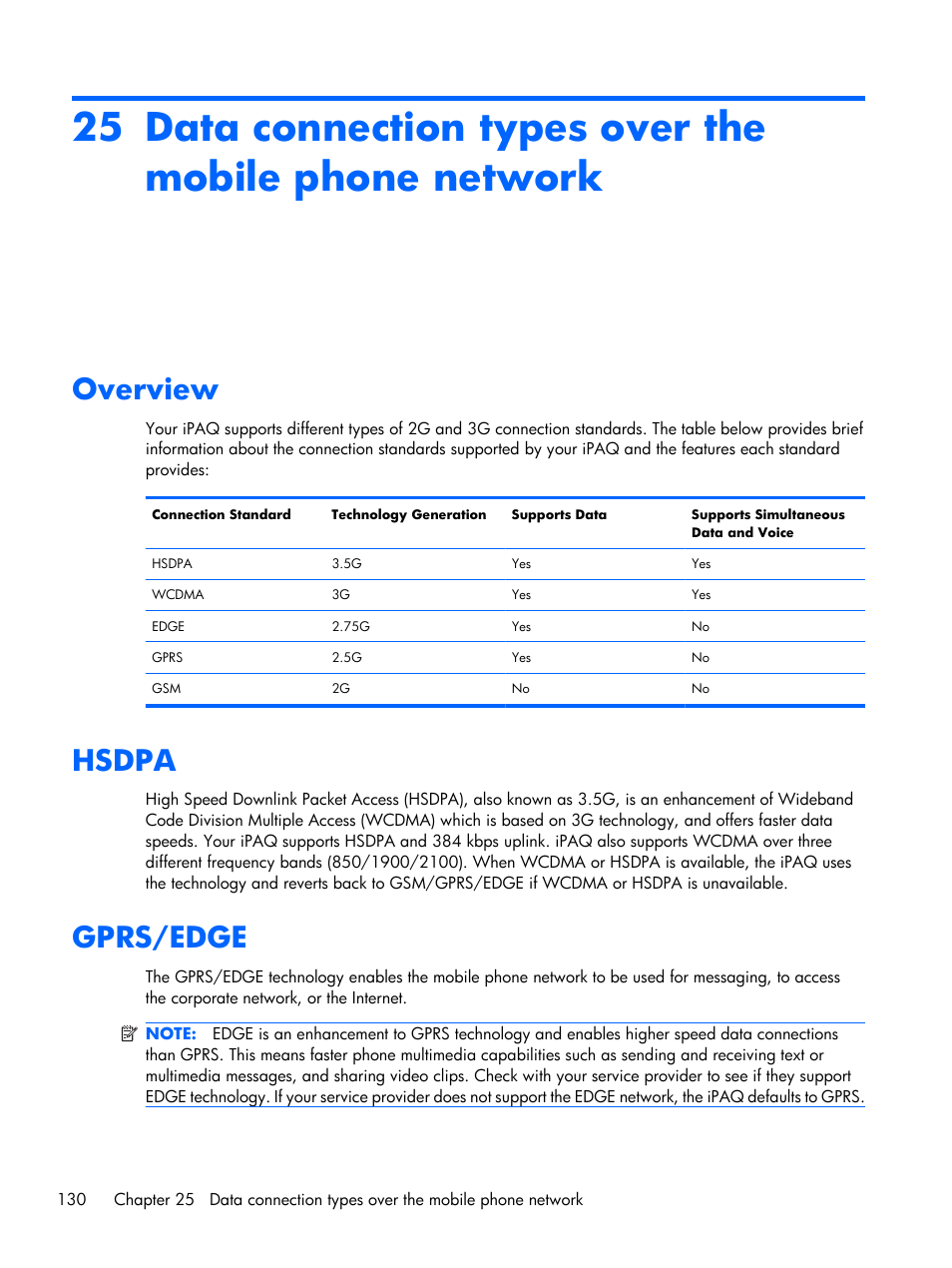 Overview, Hsdpa, Gprs/edge | Overview hsdpa gprs/edge | HP iPAQ Glisten User Manual | Page 142 / 185