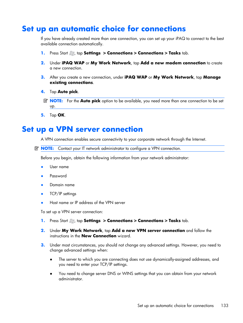 Set up an automatic choice for connections, Set up a vpn server connection | HP iPAQ Glisten User Manual | Page 145 / 185