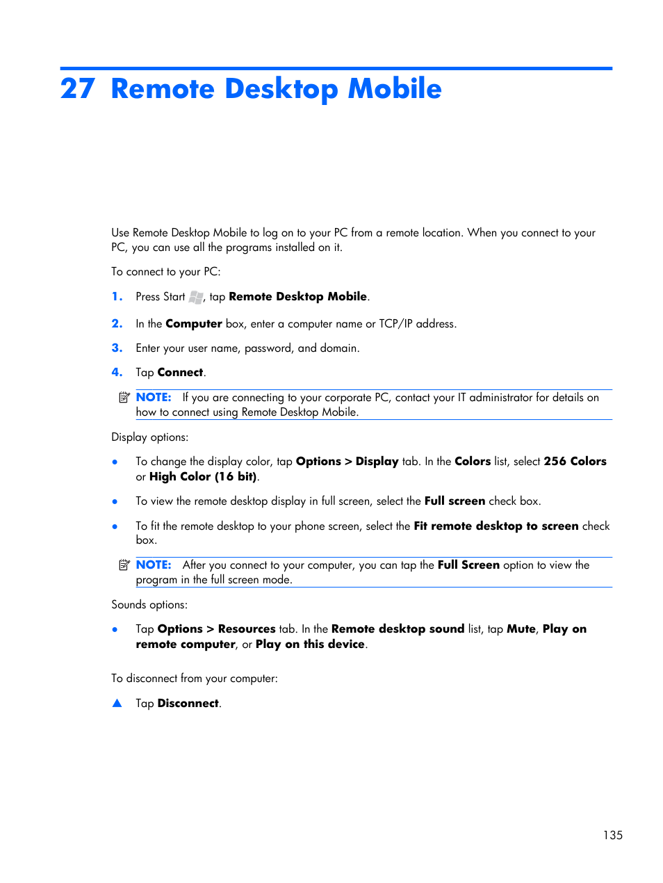 Remote desktop mobile, 27 remote desktop mobile | HP iPAQ Glisten User Manual | Page 147 / 185