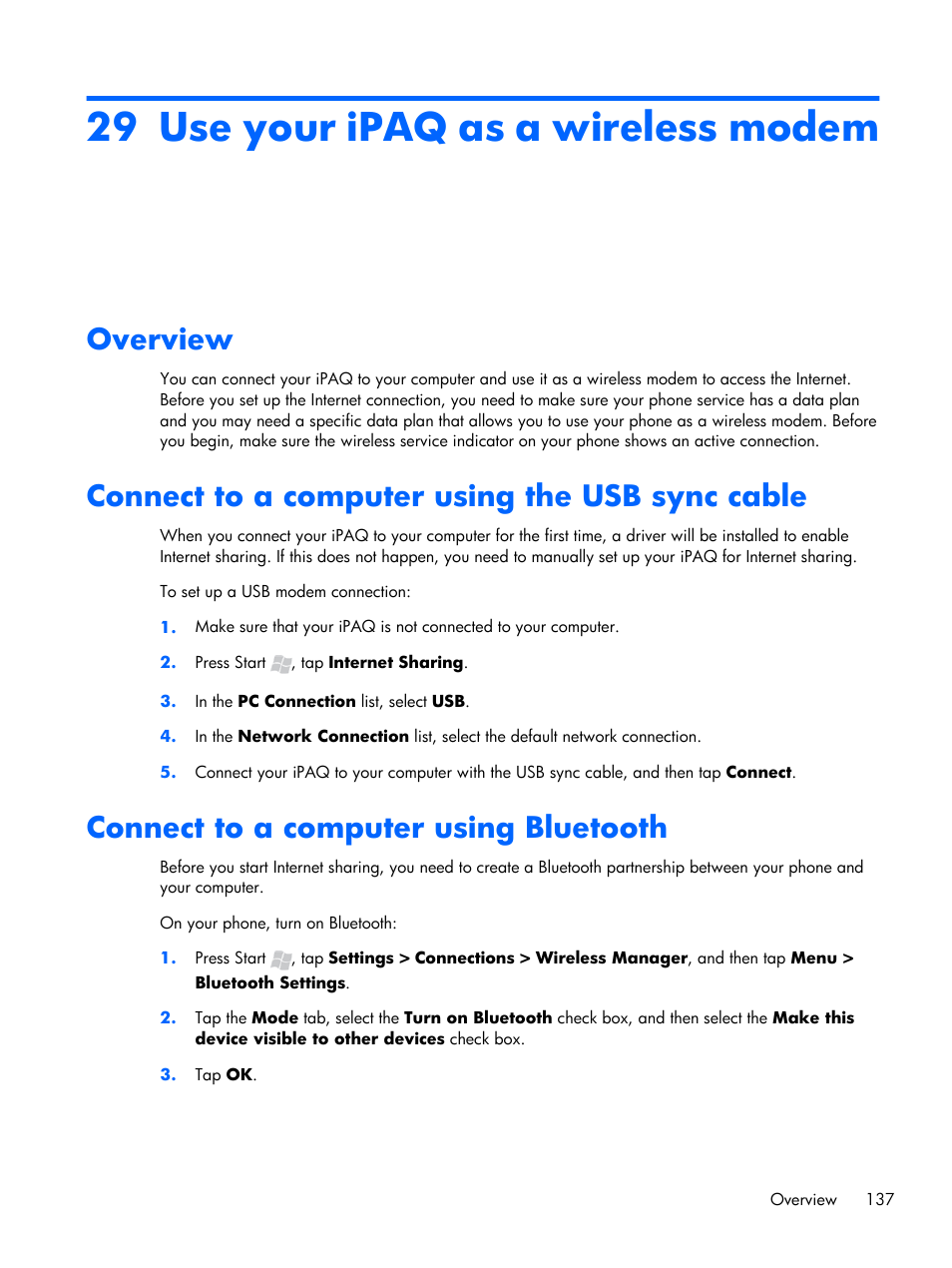 Use your ipaq as a wireless modem, Overview, Connect to a computer using the usb sync cable | Connect to a computer using bluetooth, 29 use your ipaq as a wireless modem | HP iPAQ Glisten User Manual | Page 149 / 185