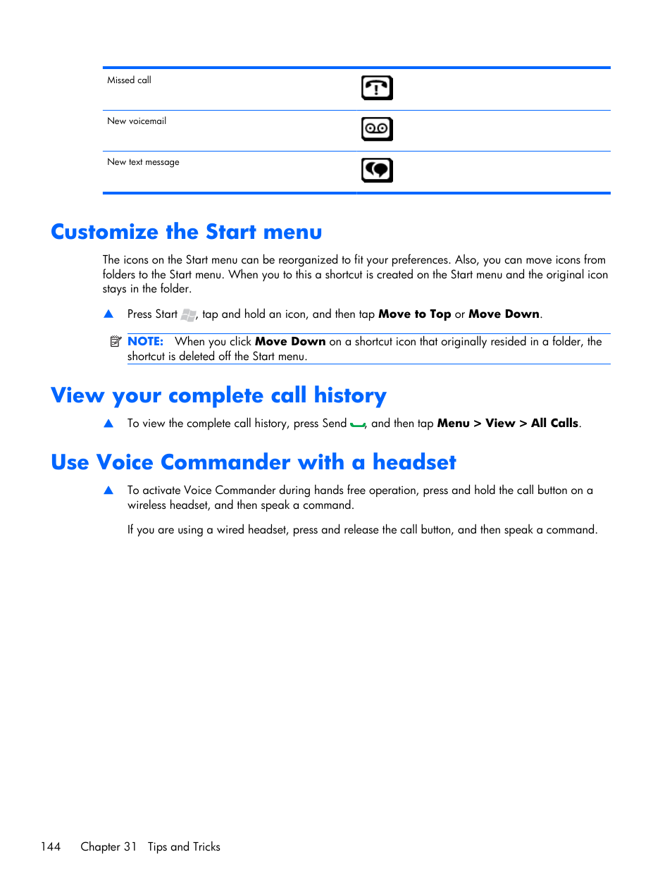 Customize the start menu, View your complete call history, Use voice commander with a headset | HP iPAQ Glisten User Manual | Page 156 / 185