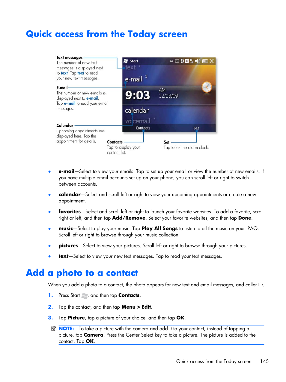 Quick access from the today screen, Add a photo to a contact | HP iPAQ Glisten User Manual | Page 157 / 185