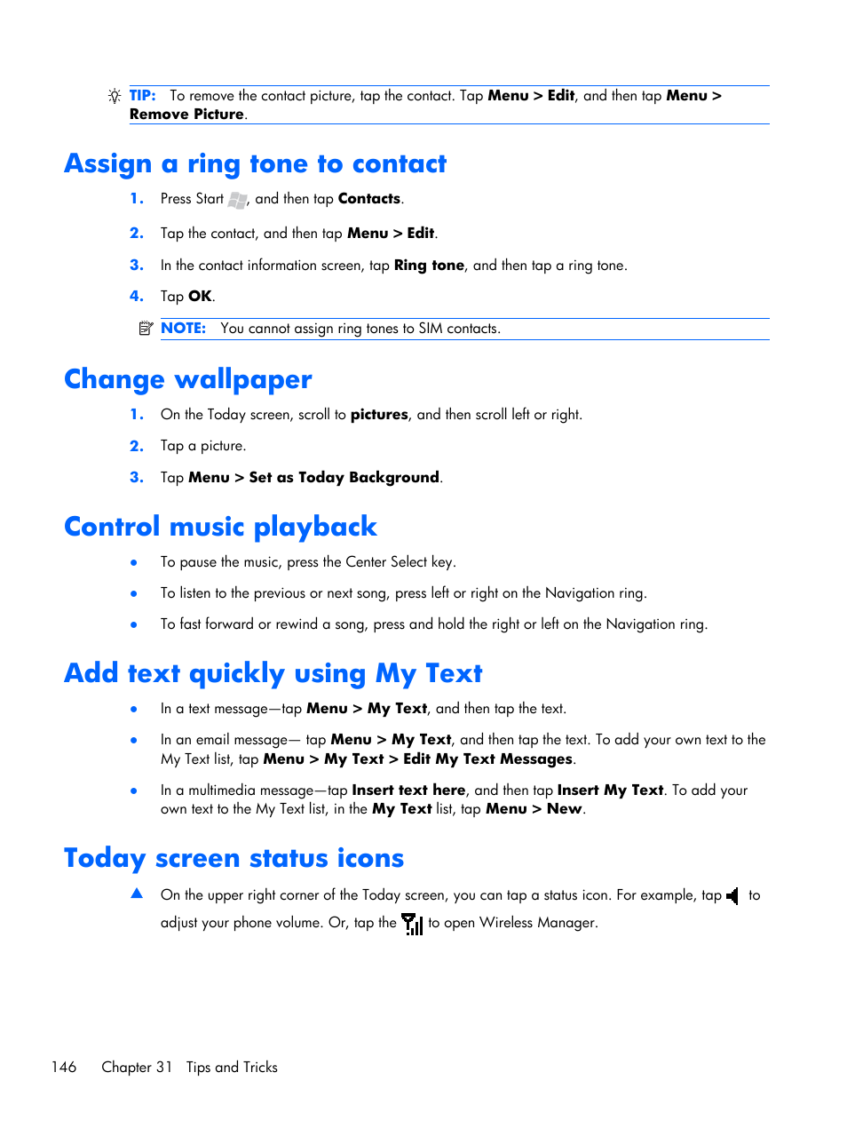 Assign a ring tone to contact, Change wallpaper, Control music playback | Add text quickly using my text, Today screen status icons | HP iPAQ Glisten User Manual | Page 158 / 185