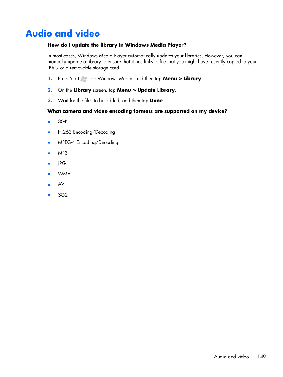 Audio and video | HP iPAQ Glisten User Manual | Page 161 / 185