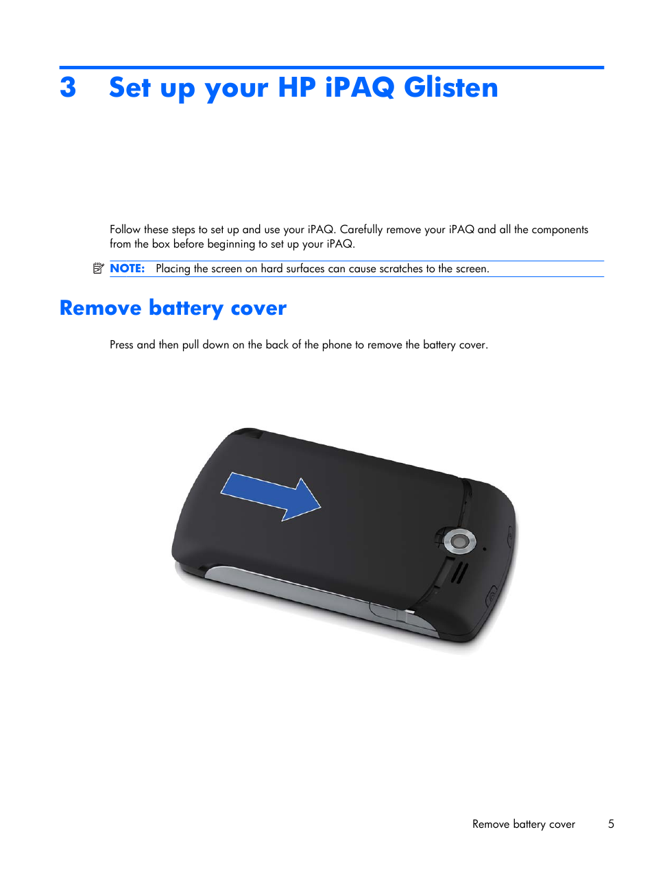 Set up your hp ipaq glisten, Remove battery cover, 3 set up your hp ipaq glisten | HP iPAQ Glisten User Manual | Page 17 / 185