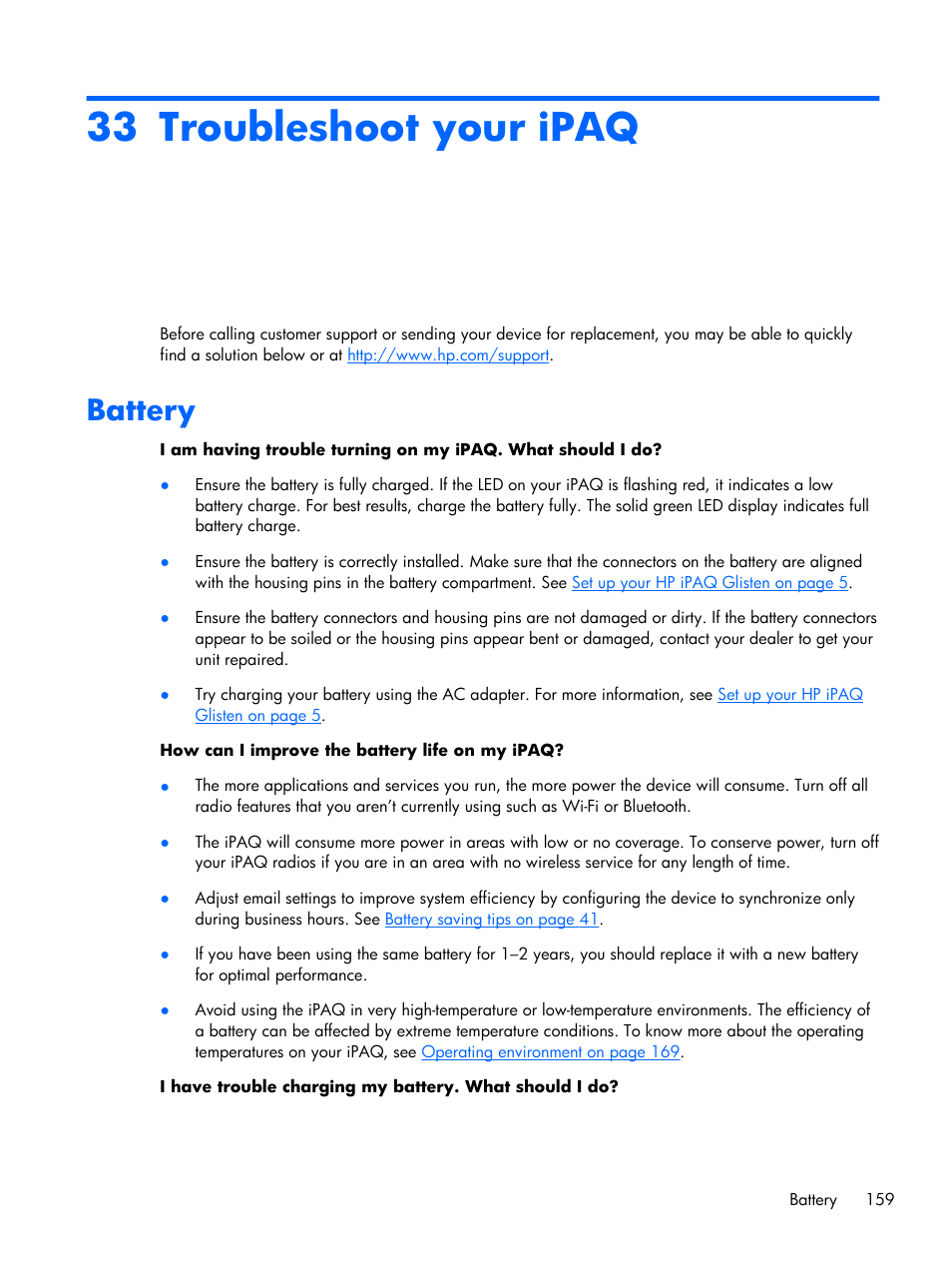 Troubleshoot your ipaq, Battery, 33 troubleshoot your ipaq | HP iPAQ Glisten User Manual | Page 171 / 185