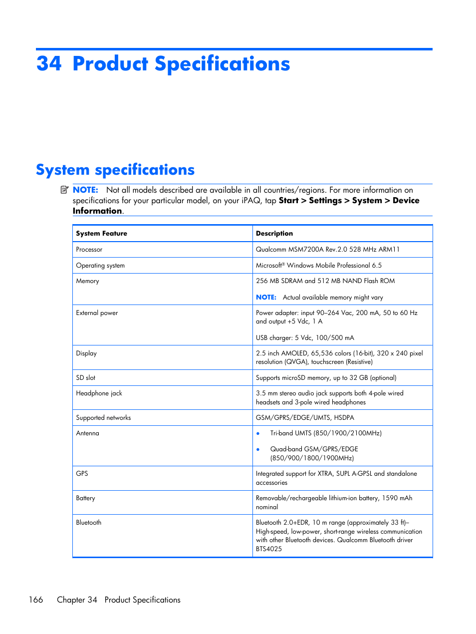 Product specifications, System specifications, 34 product specifications | HP iPAQ Glisten User Manual | Page 178 / 185