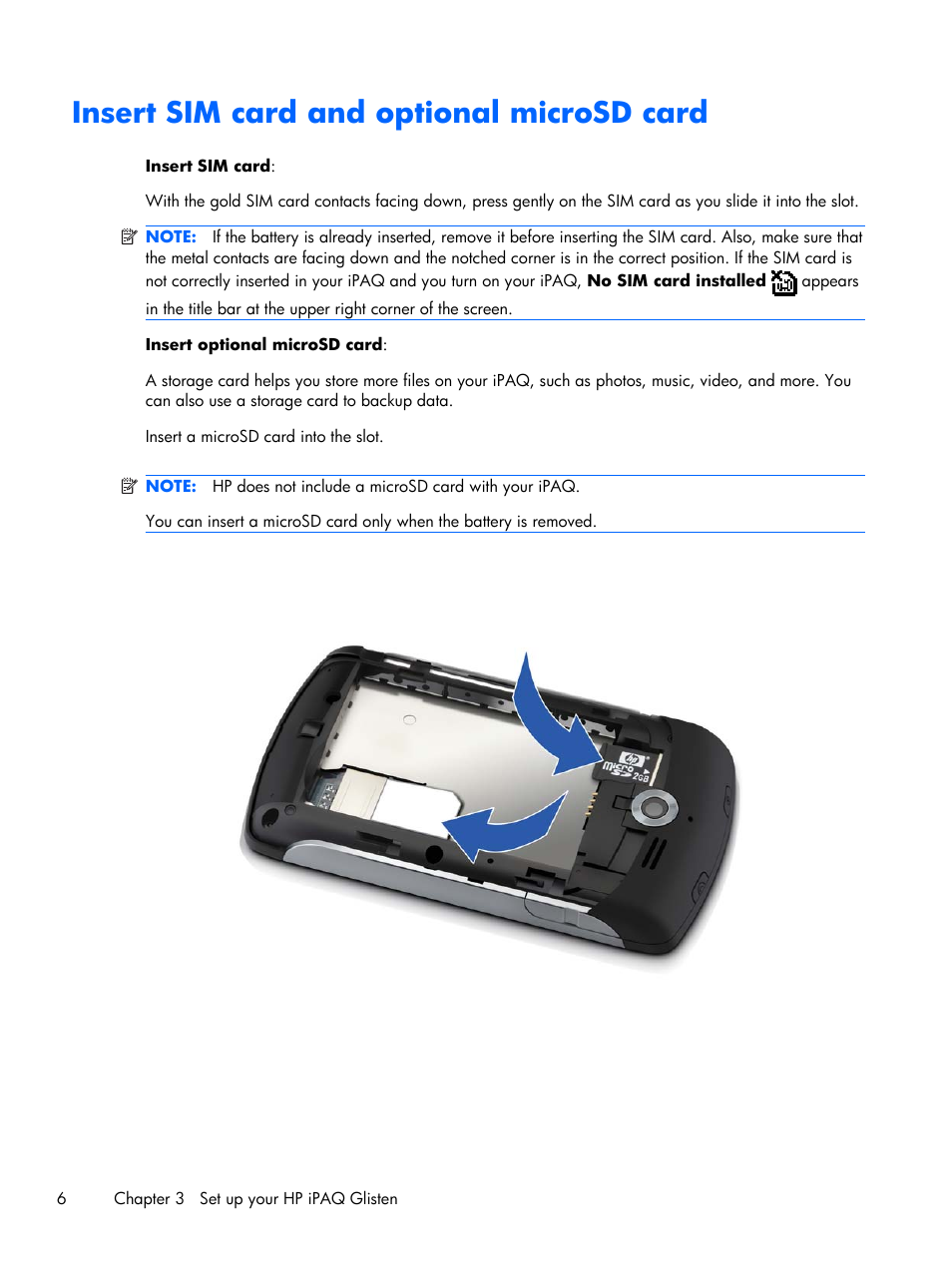 Insert sim card and optional microsd card | HP iPAQ Glisten User Manual | Page 18 / 185