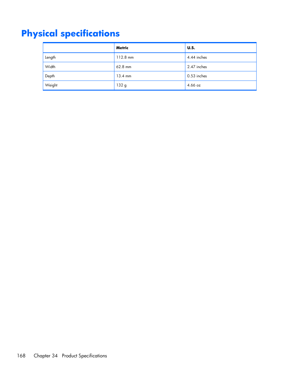 Physical specifications | HP iPAQ Glisten User Manual | Page 180 / 185
