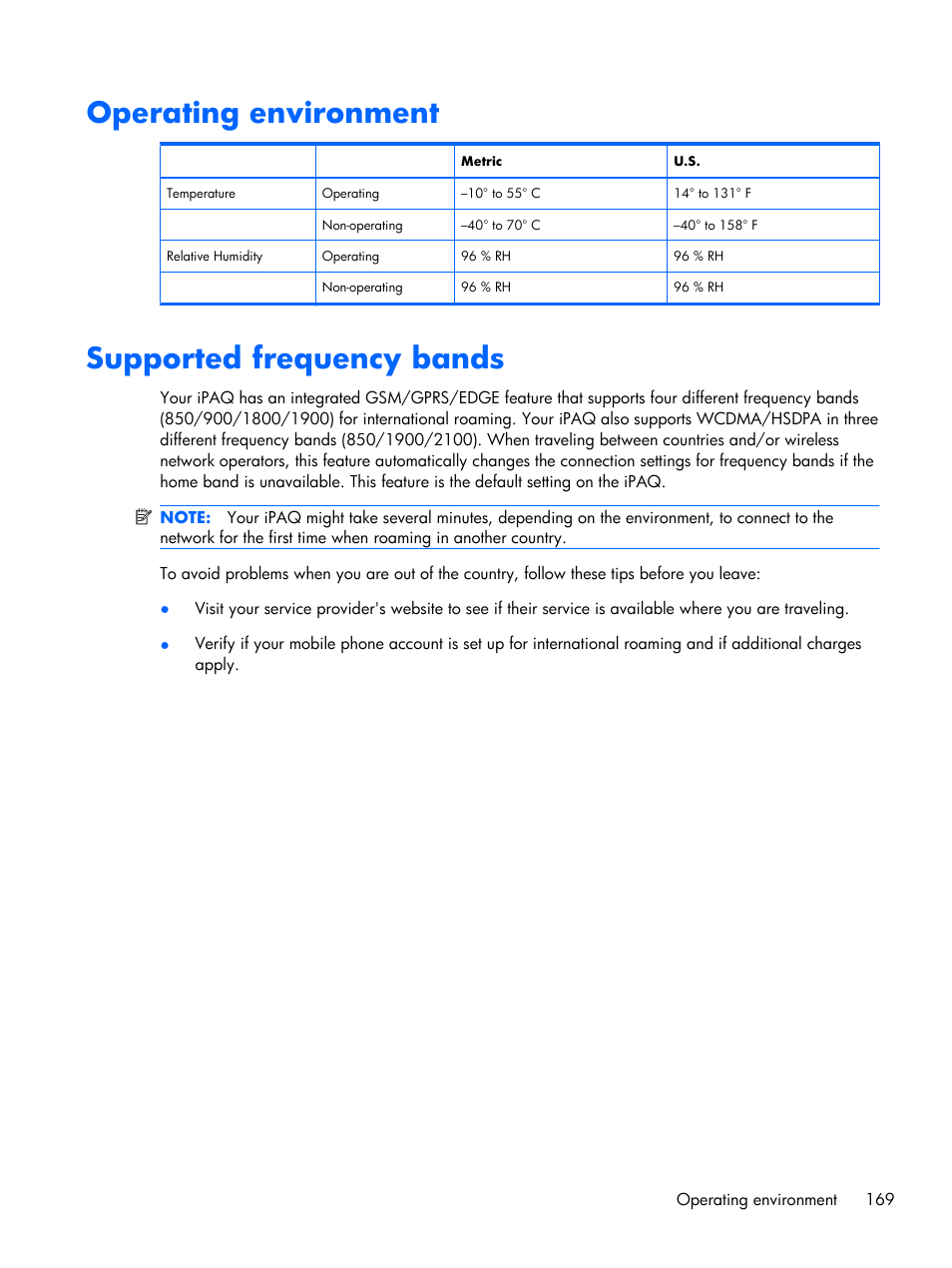 Operating environment, Supported frequency bands, Operating environment supported frequency bands | HP iPAQ Glisten User Manual | Page 181 / 185