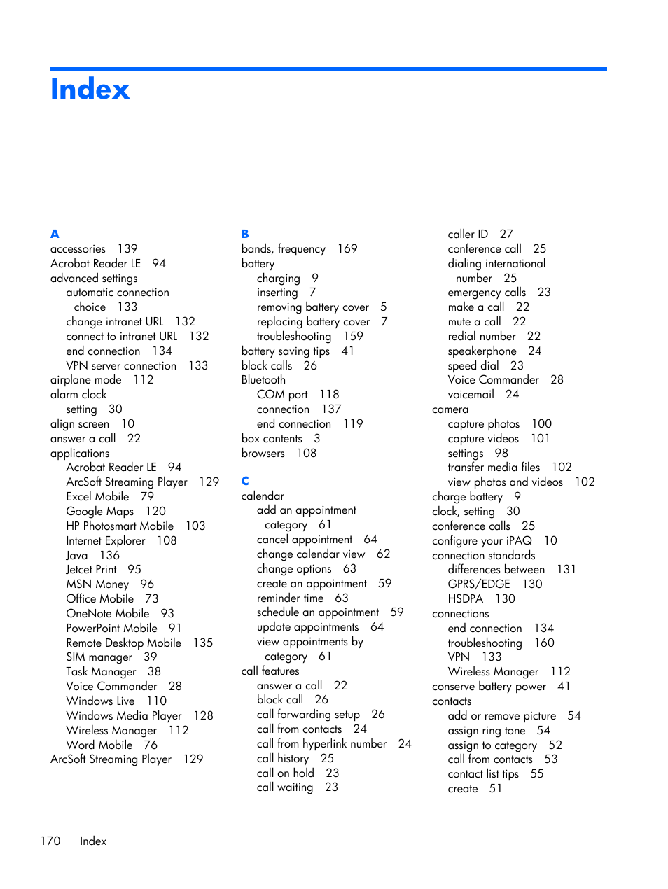 Index | HP iPAQ Glisten User Manual | Page 182 / 185