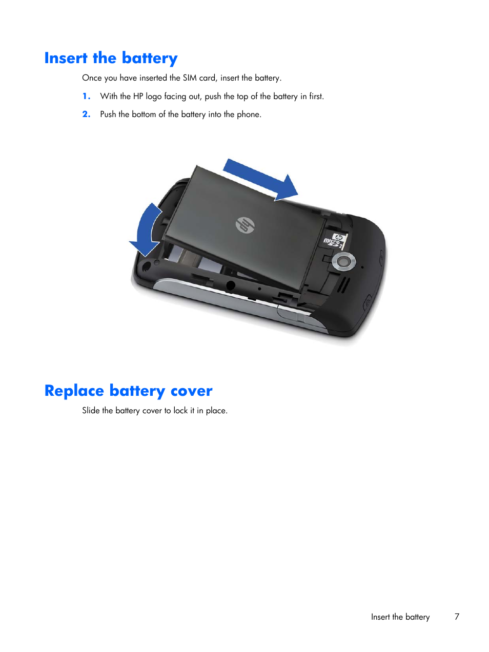 Insert the battery, Replace battery cover, Insert the battery replace battery cover | HP iPAQ Glisten User Manual | Page 19 / 185