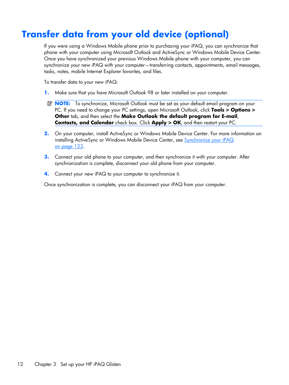 Transfer data from your old device (optional) | HP iPAQ Glisten User Manual | Page 24 / 185
