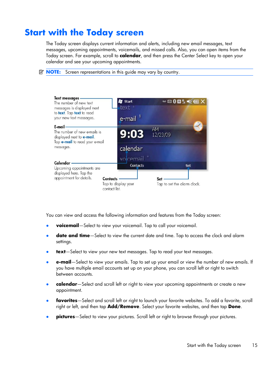 Start with the today screen | HP iPAQ Glisten User Manual | Page 27 / 185