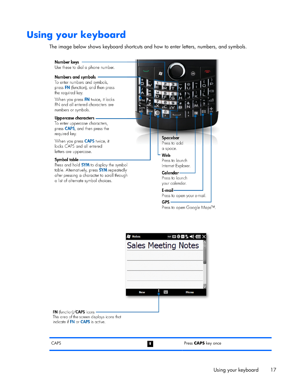 Using your keyboard | HP iPAQ Glisten User Manual | Page 29 / 185