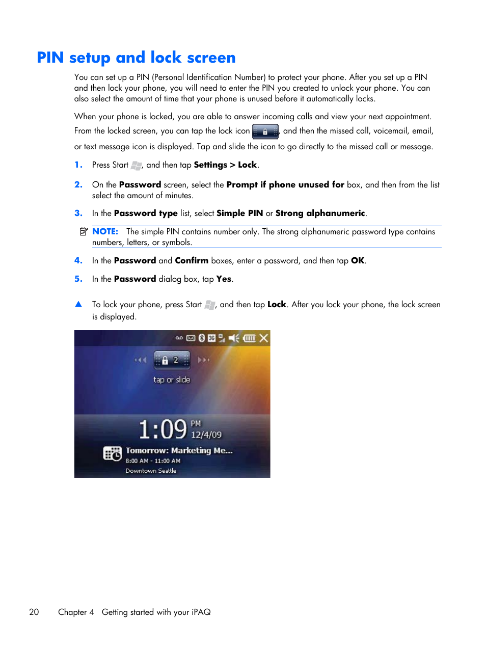Pin setup and lock screen | HP iPAQ Glisten User Manual | Page 32 / 185