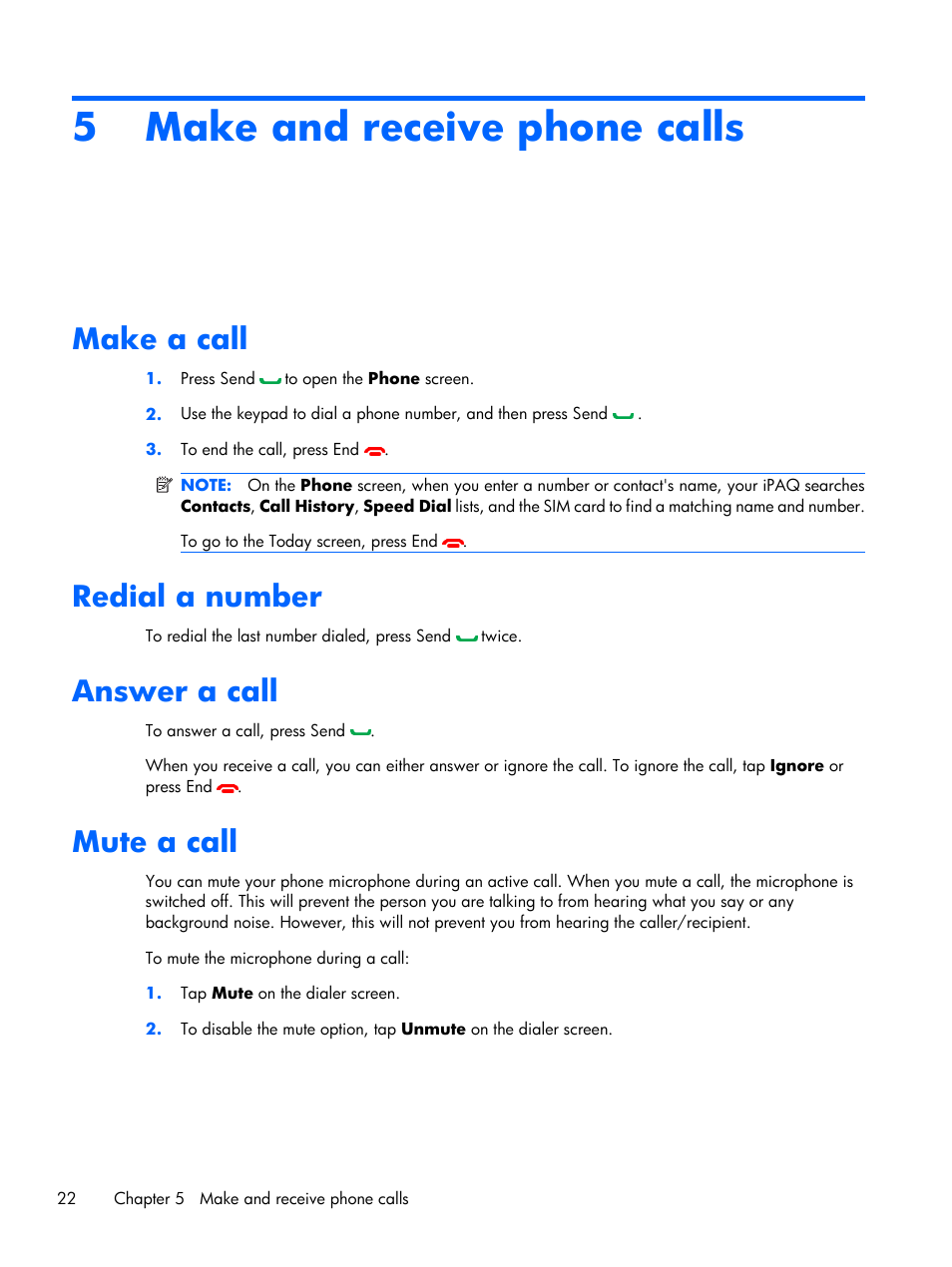 Make and receive phone calls, Make a call, Redial a number | Answer a call, Mute a call, 5 make and receive phone calls | HP iPAQ Glisten User Manual | Page 34 / 185
