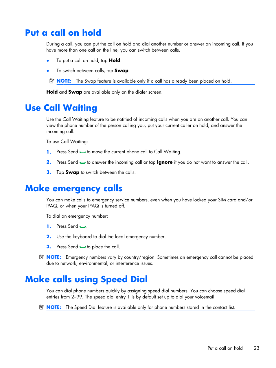 Put a call on hold, Use call waiting, Make emergency calls | Make calls using speed dial | HP iPAQ Glisten User Manual | Page 35 / 185