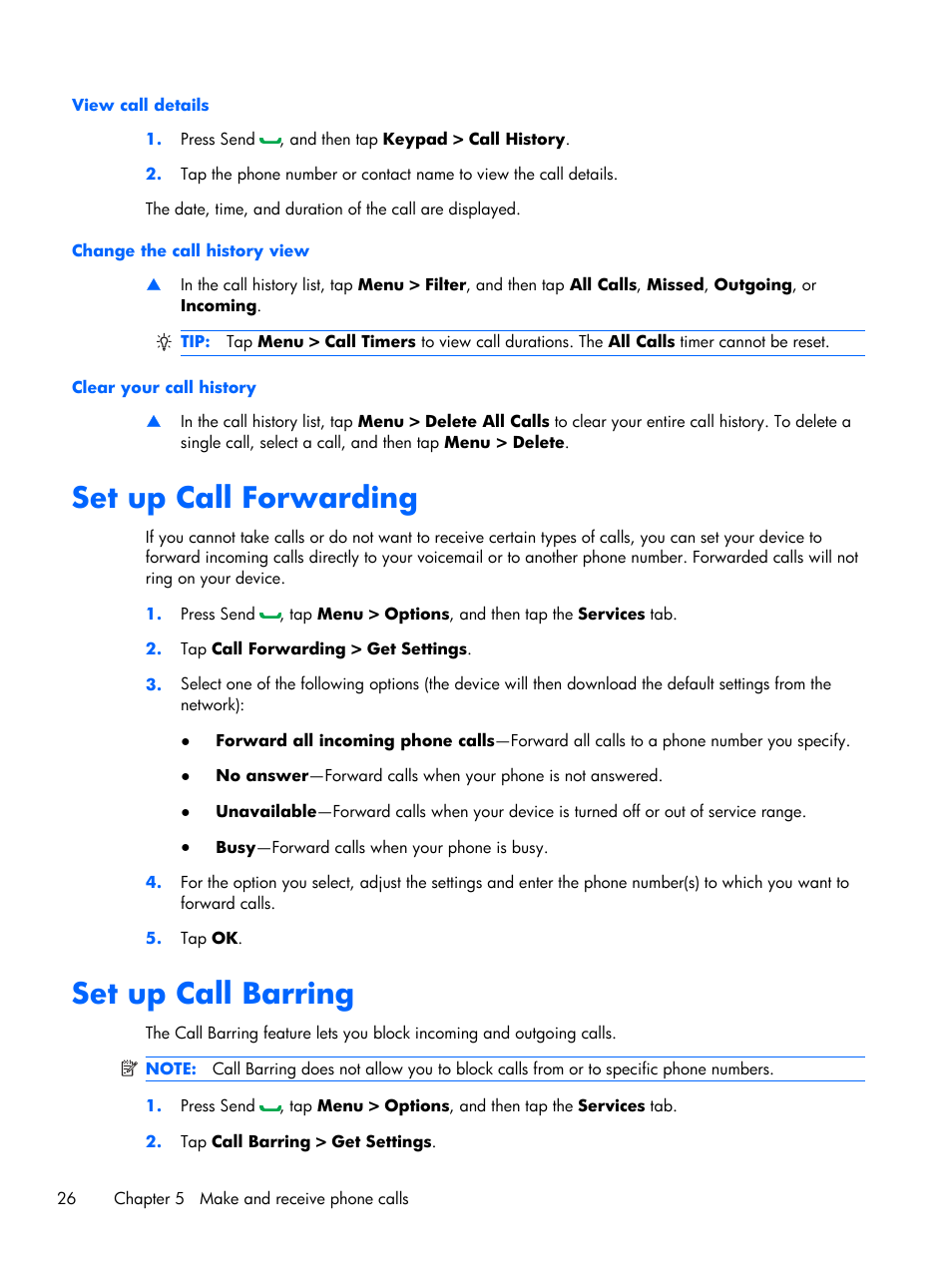 Set up call forwarding, Set up call barring, Set up call forwarding set up call barring | HP iPAQ Glisten User Manual | Page 38 / 185