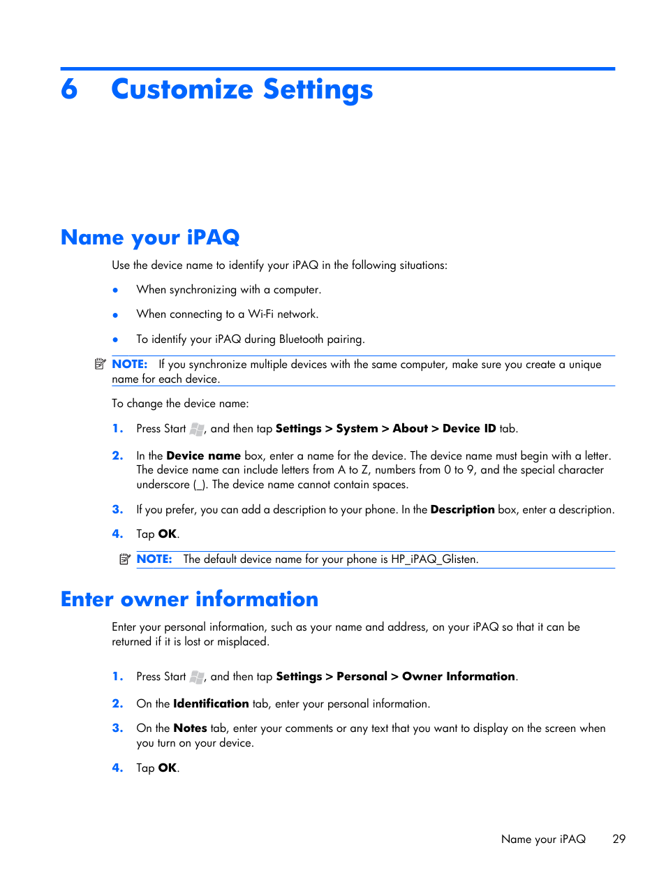 Customize settings, Name your ipaq, Enter owner information | 6 customize settings, Name your ipaq enter owner information | HP iPAQ Glisten User Manual | Page 41 / 185