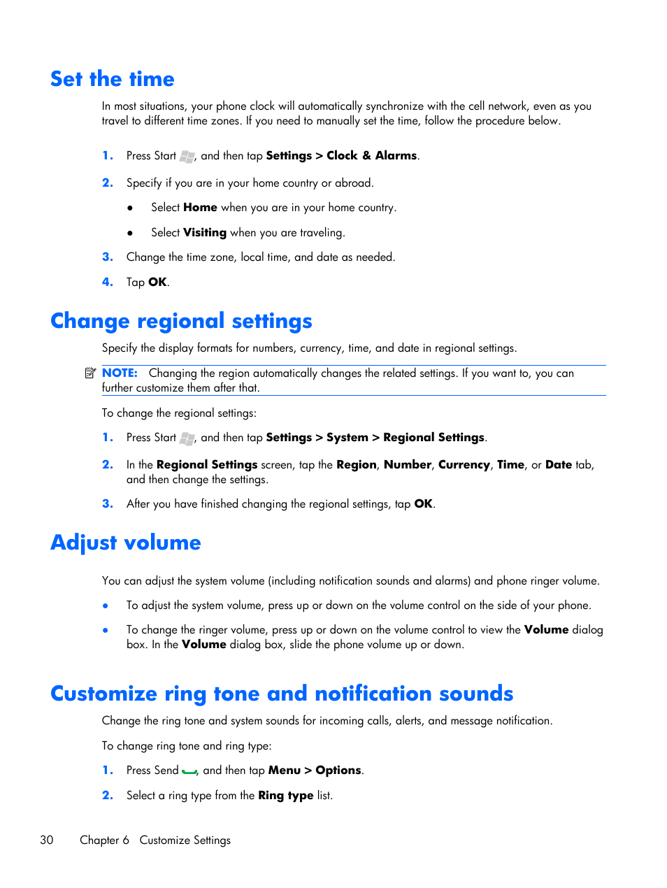 Set the time, Change regional settings, Adjust volume | Customize ring tone and notification sounds | HP iPAQ Glisten User Manual | Page 42 / 185