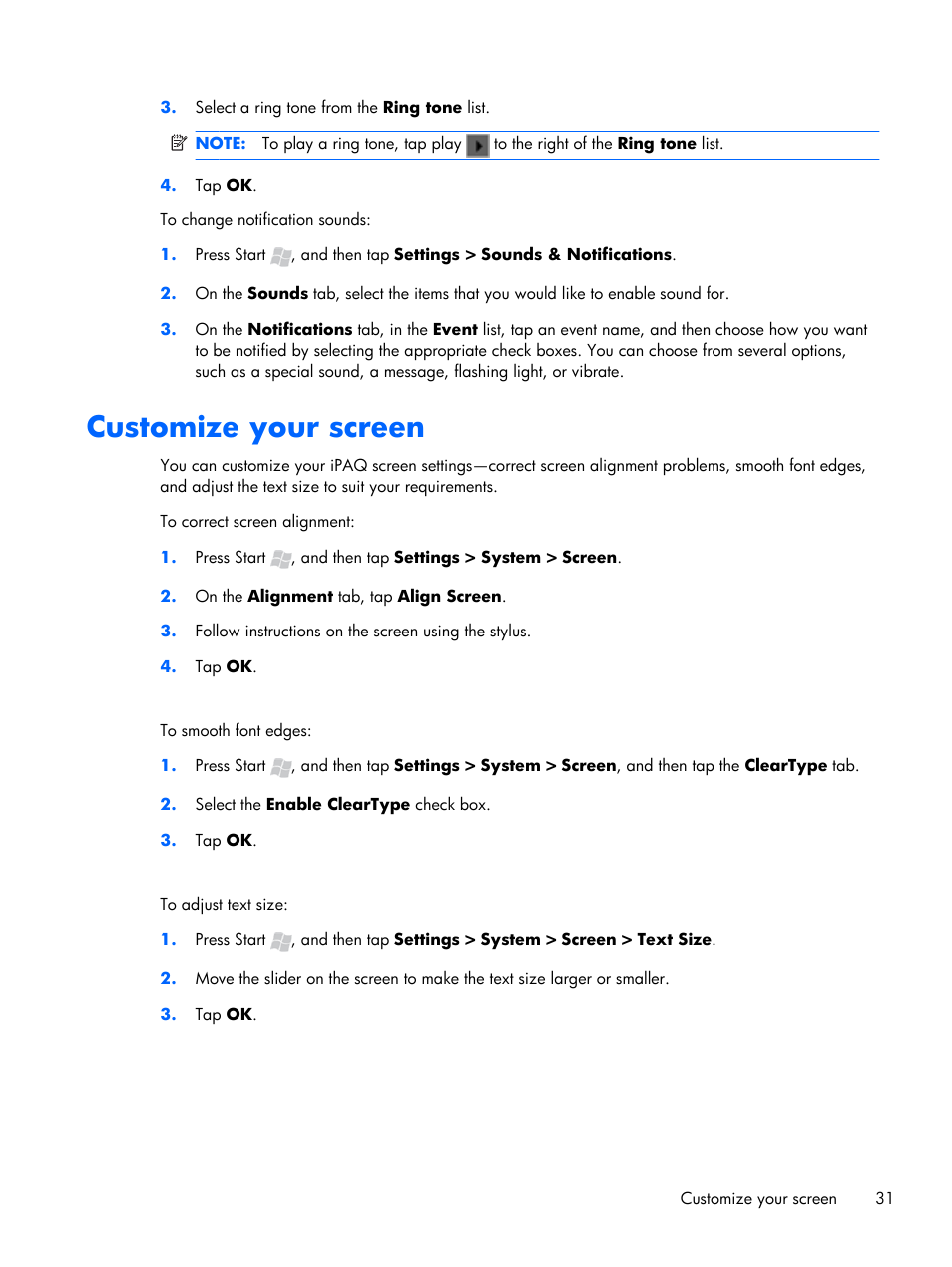 Customize your screen | HP iPAQ Glisten User Manual | Page 43 / 185