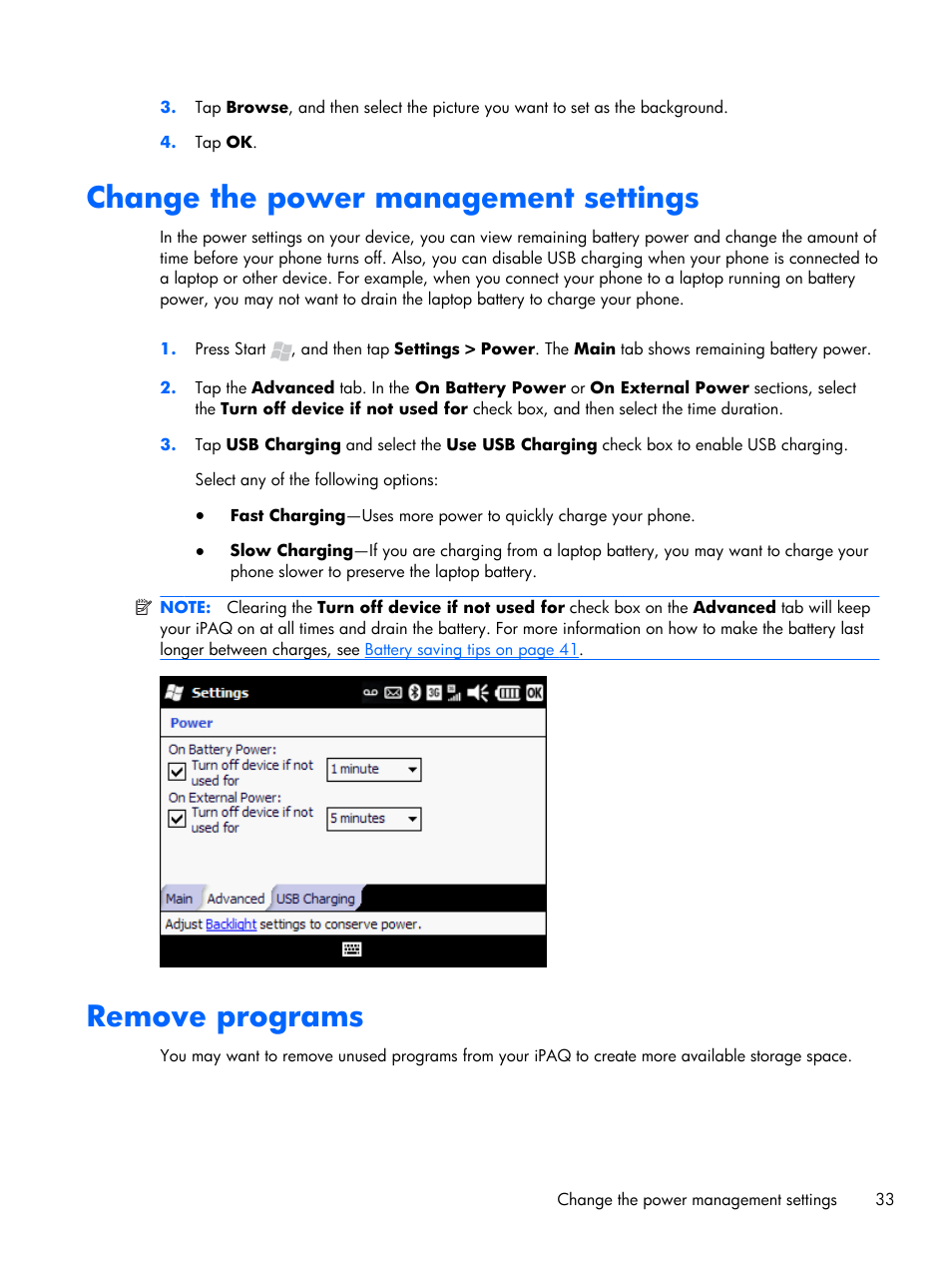 Change the power management settings, Remove programs | HP iPAQ Glisten User Manual | Page 45 / 185