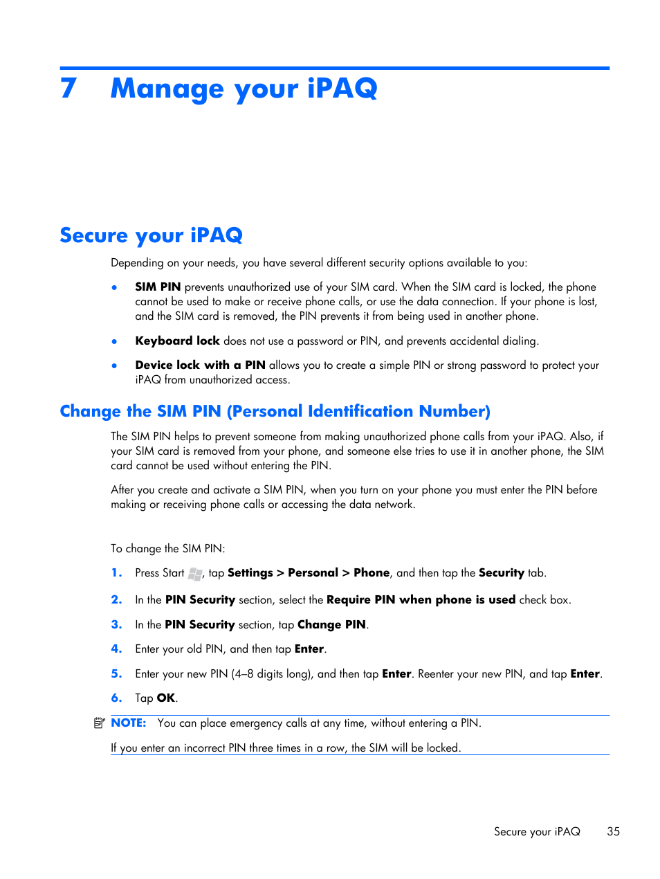 Manage your ipaq, Secure your ipaq, 7 manage your ipaq | HP iPAQ Glisten User Manual | Page 47 / 185