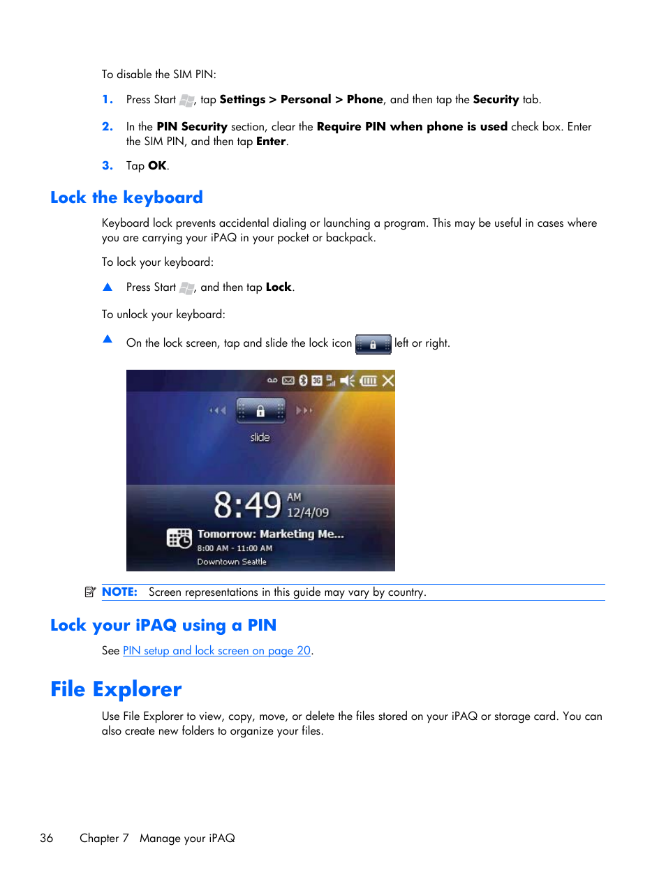 Lock the keyboard, Lock your ipaq using a pin, File explorer | Lock the keyboard lock your ipaq using a pin | HP iPAQ Glisten User Manual | Page 48 / 185