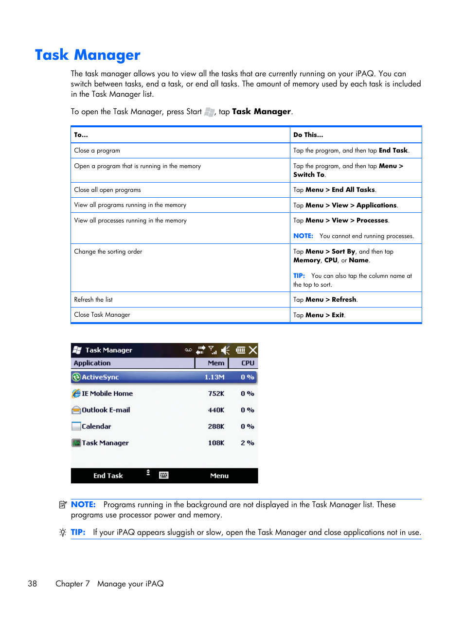 Task manager | HP iPAQ Glisten User Manual | Page 50 / 185