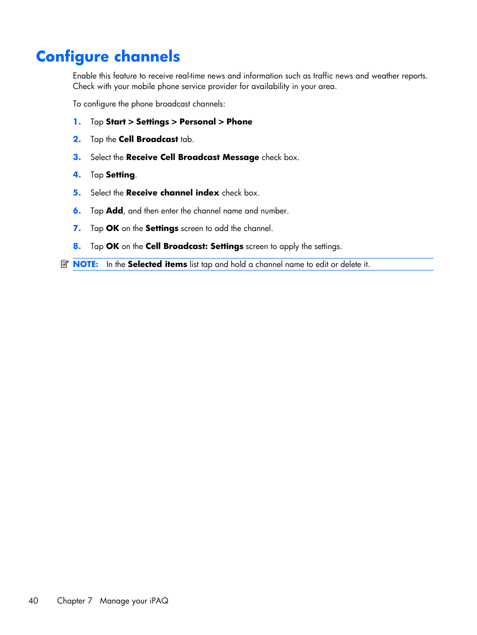 Configure channels | HP iPAQ Glisten User Manual | Page 52 / 185