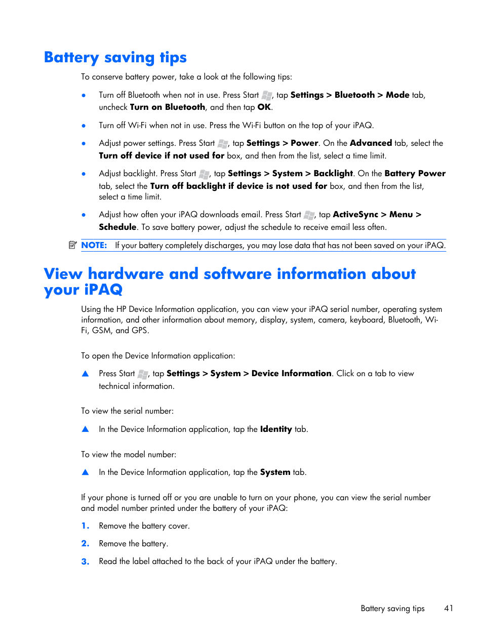 Battery saving tips | HP iPAQ Glisten User Manual | Page 53 / 185