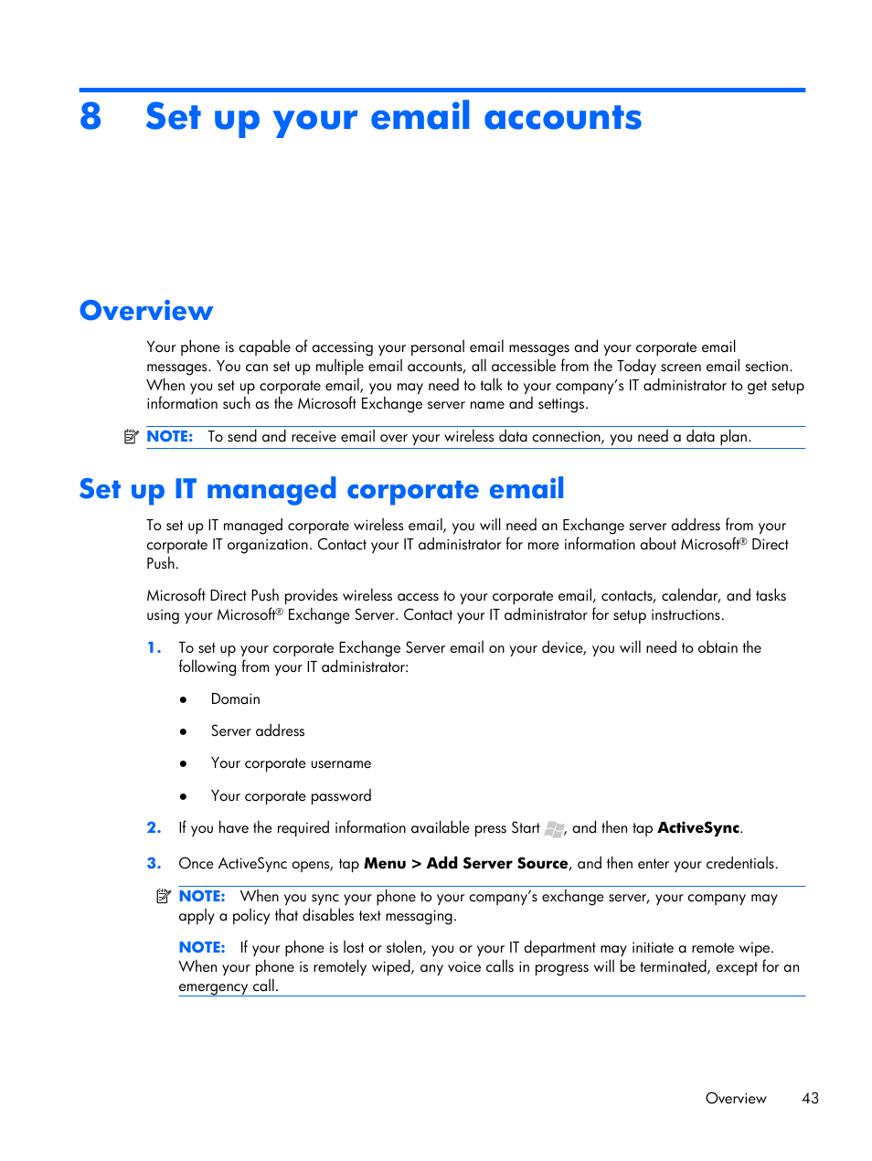 Set up your email accounts, Overview, Set up it managed corporate email | 8 set up your email accounts, Overview set up it managed corporate email | HP iPAQ Glisten User Manual | Page 55 / 185