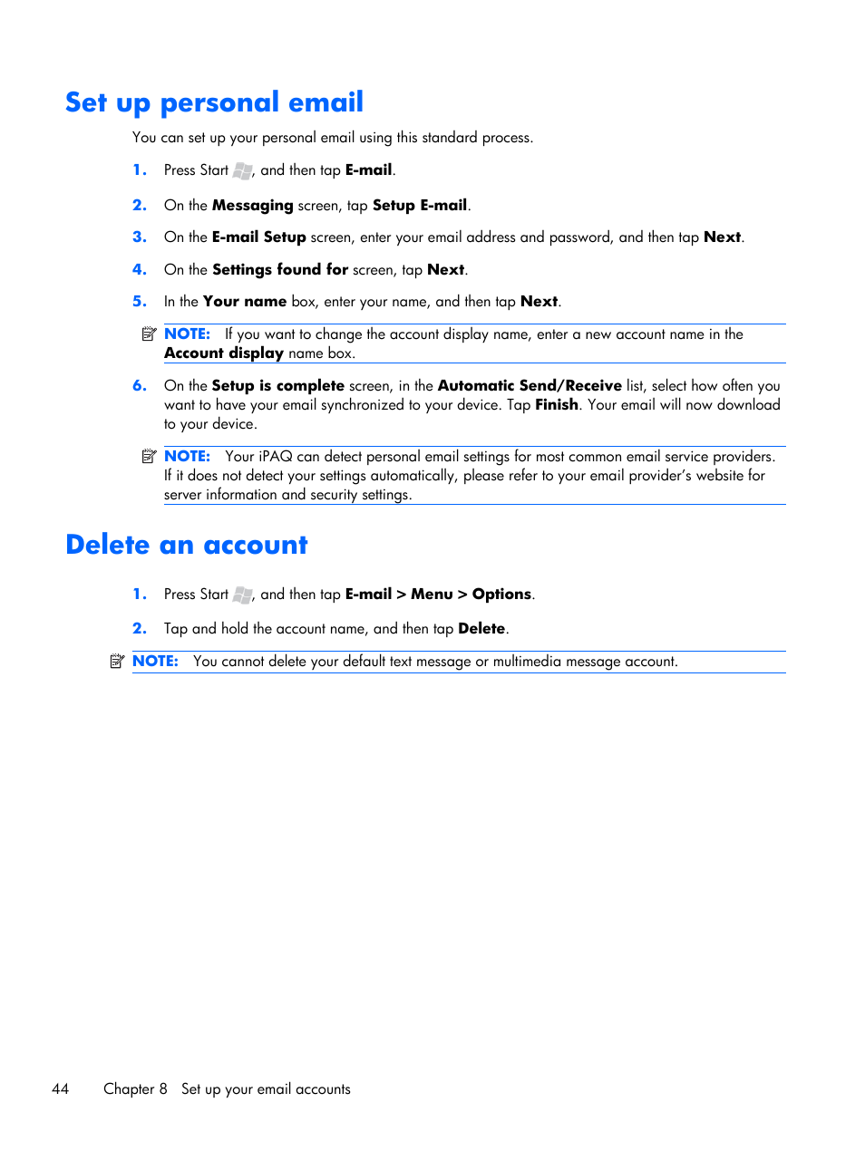 Set up personal email, Delete an account, Set up personal email delete an account | HP iPAQ Glisten User Manual | Page 56 / 185
