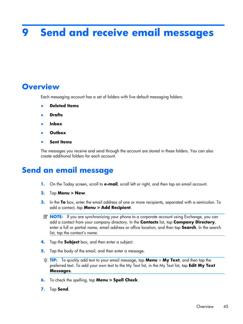 Send and receive email messages, Overview, Send an email message | 9 send and receive email messages, Overview send an email message | HP iPAQ Glisten User Manual | Page 57 / 185