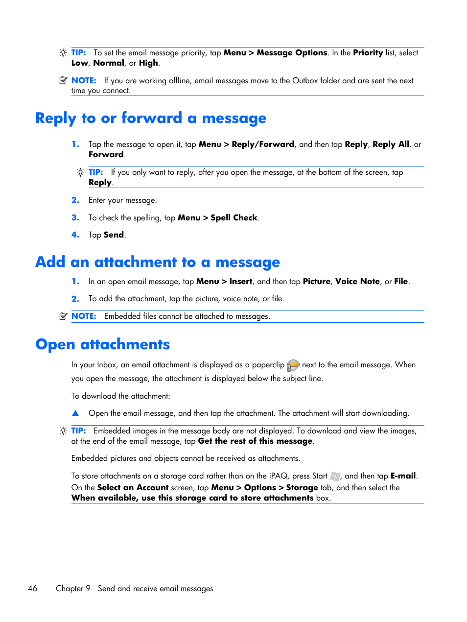 Reply to or forward a message, Add an attachment to a message, Open attachments | Add an attachment to a message open attachments | HP iPAQ Glisten User Manual | Page 58 / 185