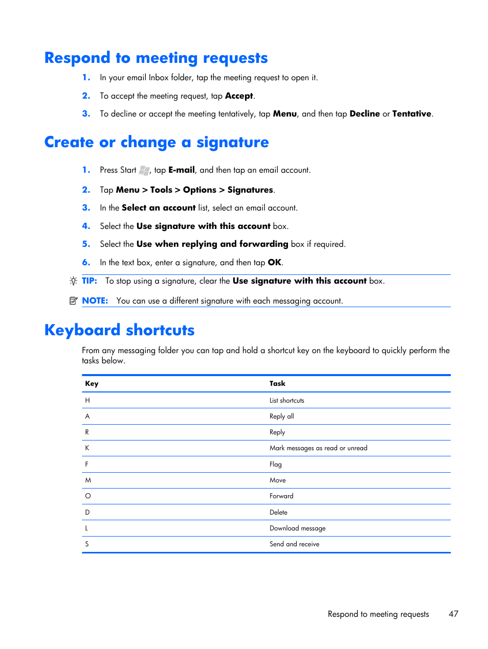 Respond to meeting requests, Create or change a signature, Keyboard shortcuts | HP iPAQ Glisten User Manual | Page 59 / 185