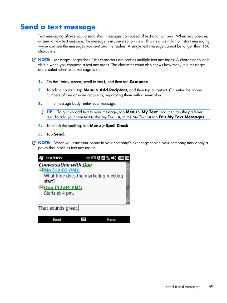 Send a text message | HP iPAQ Glisten User Manual | Page 61 / 185